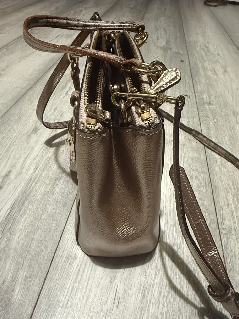 Coach Metallic Rose Gold Satchel with Snake-Print Strap and Top Handles - Picture 5 of 15